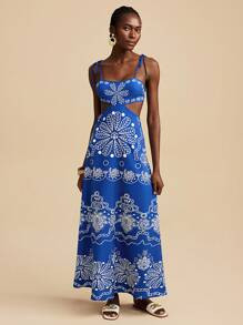 Travachic Summer Out Holiday Date Dress, Holiday Waist Hollowed Back Bow Tie With Blue And White ... | SHEIN