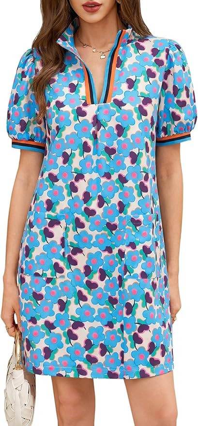 Wenrine Womens Summer Mini Dress Casual Puff Sleeve Floral V Neck Loose Boho Beach A Line Dresses... | Amazon (US)