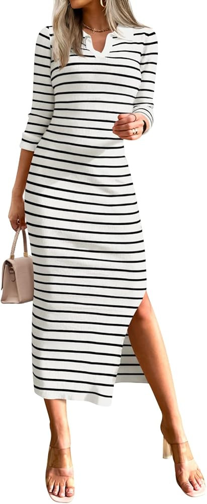 MIROL Women's Striped Bodycon Maxi Dress 2024 Long Sleeve V Neck Side Slit Sweater Dress Fall Kni... | Amazon (US)