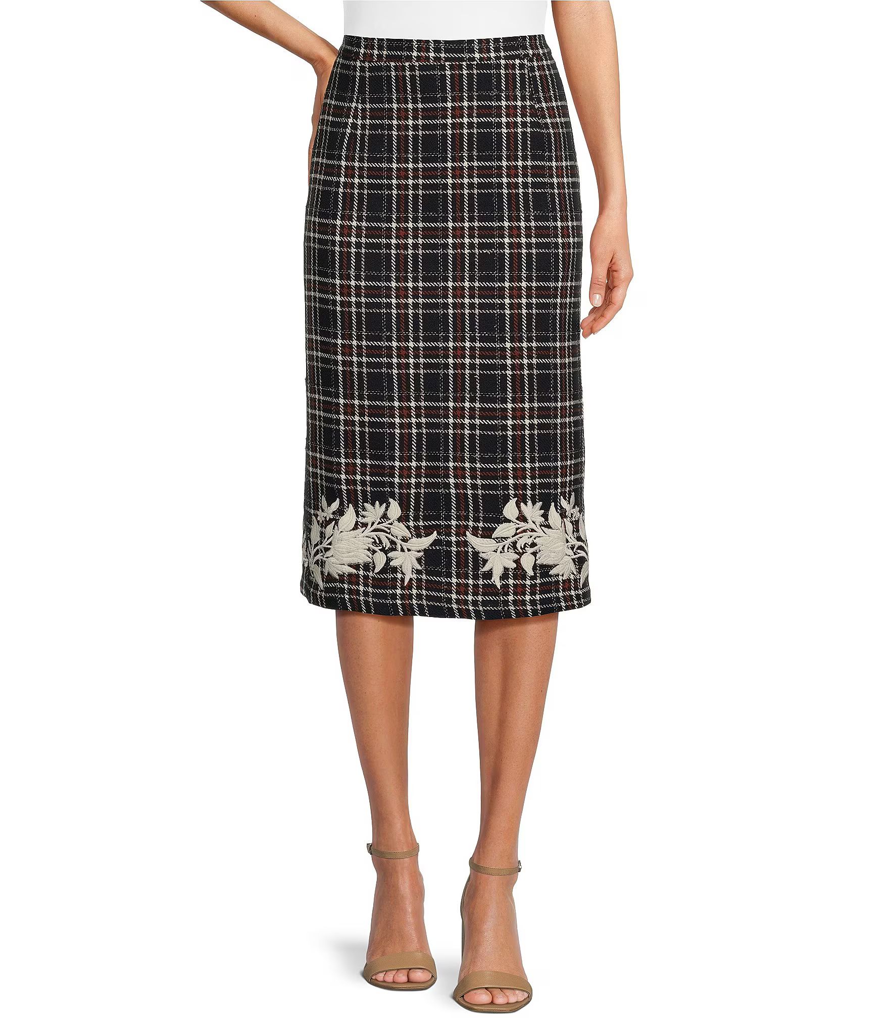 Tweed Floral Embroidered High Waist Back Slit Opening Pencil Midi Coordinating Skirt | Dillard's