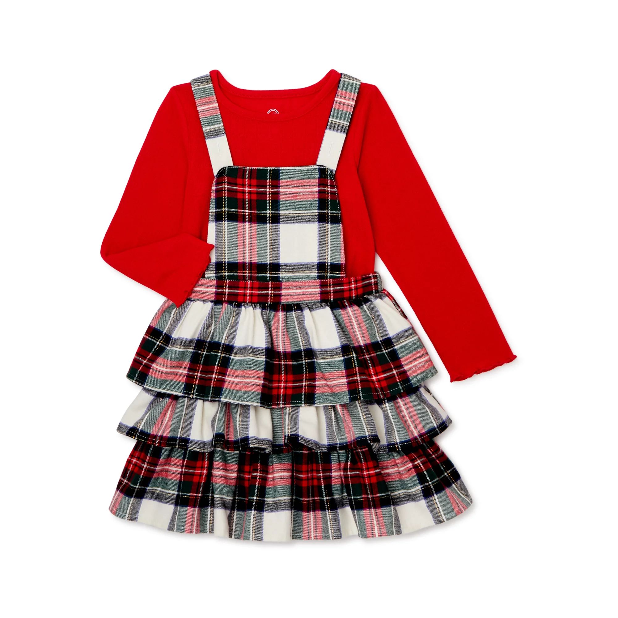 Wonder Nation Baby & Toddler Girls Long Sleeve Top & Tartan Plaid Jumper Dress, 2pc Outfit Set | Walmart (US)
