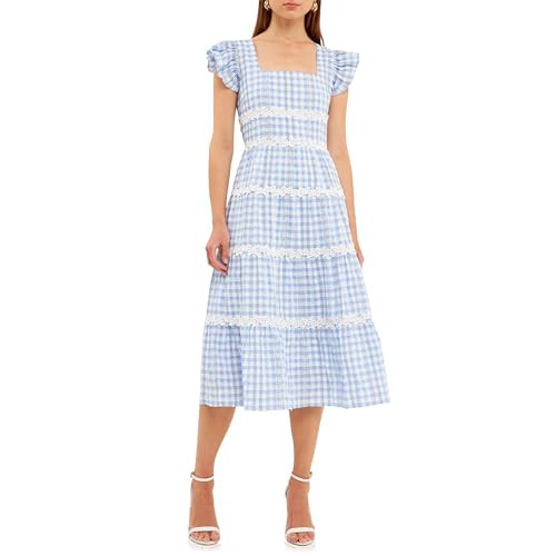 English Factory Women's Floral Lace Gingham Printed Midi Dress, Blue/White, M | Amazon (US)