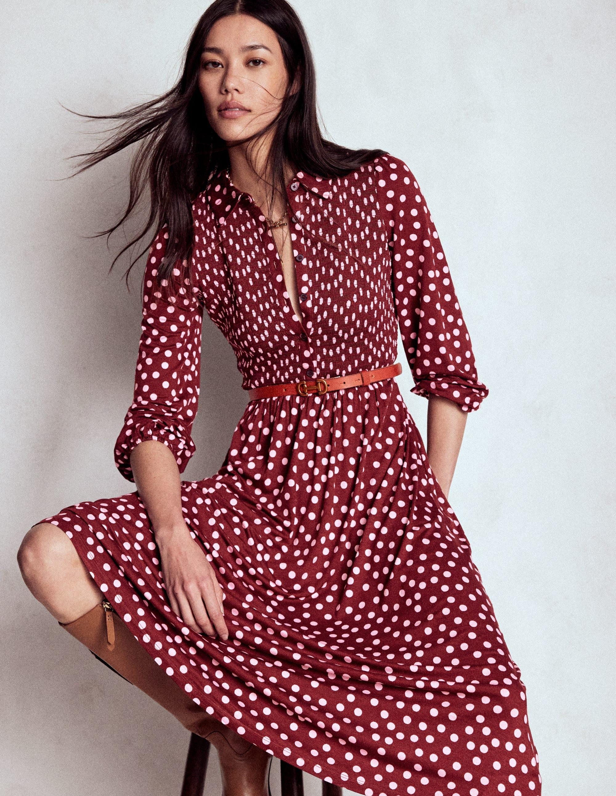 Smocked Jersey Shirt Dress-Chestnut, Painted Dot | Boden (US)