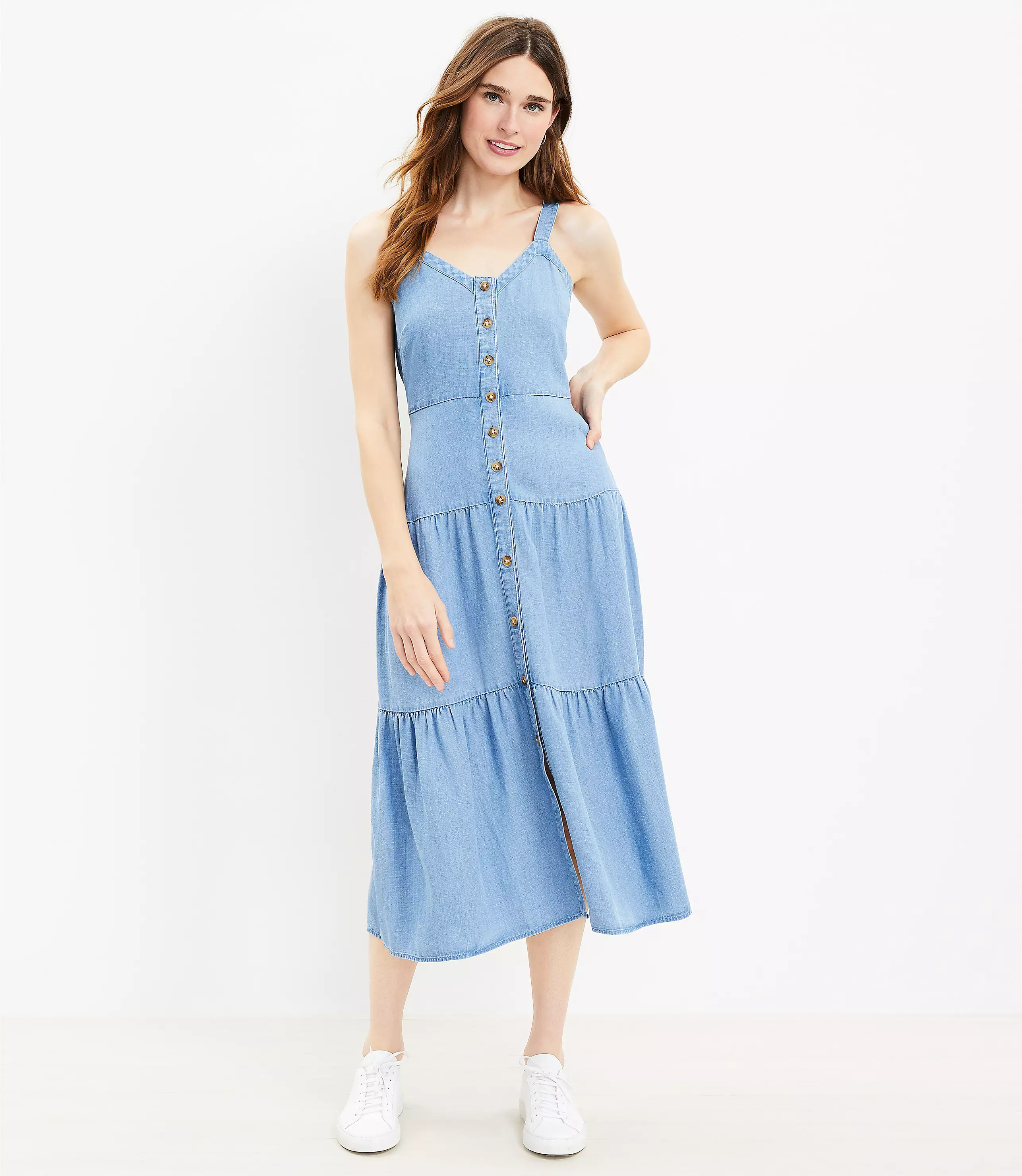 Petite Chambray Strappy Tiered Button Midi Dress | LOFT