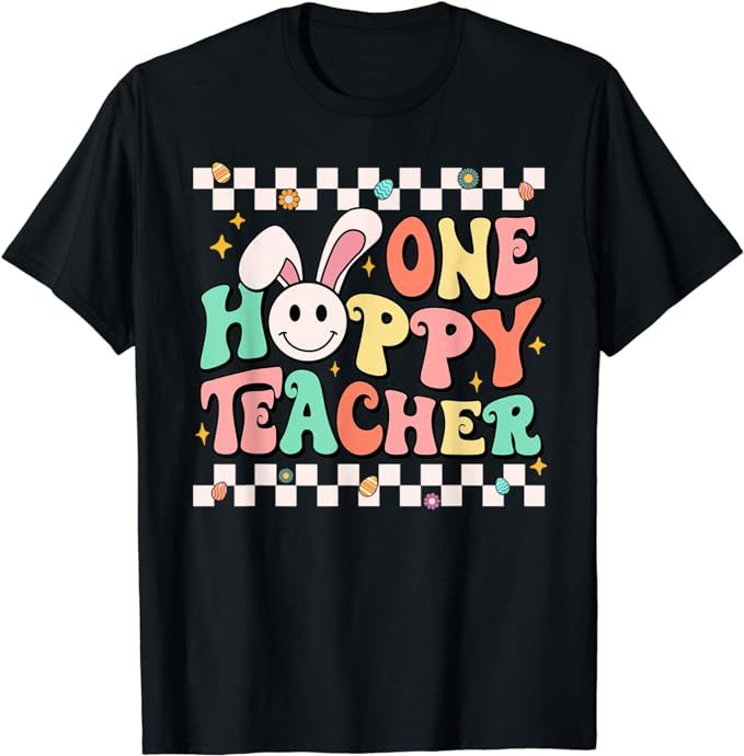 One Hoppy Teacher Bunny Easter Day Groovy Retro Boy Girl T-Shirt | Amazon (US)