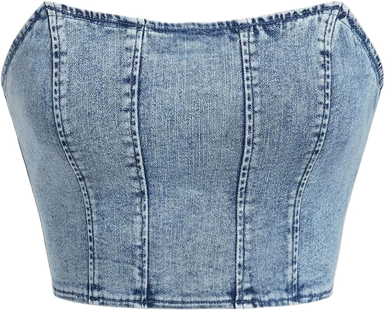 WDIRARA Women's Denim Tube Top Y2k Strapless Sleeveless Zip Back Bandeau Crop Tops | Amazon (US)