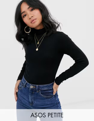 ASOS DESIGN Petite turtleneck rib long sleeve bodysuit in black | ASOS US