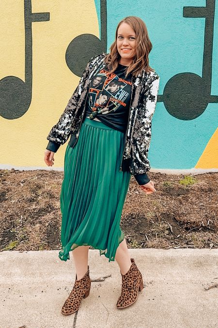 You’ll make a statement in a sequin bomber! I paired it with leopard booties, an emerald green pleated skirt and a New Kids on the Block band tee  