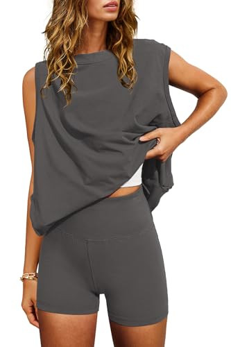 Nirovien Biker Short Sets for Women Two Piece Sets for Women Summer Sets 2 Piece Outfits Summer Travel Outfits(Dark Gray,L) | Amazon (US)