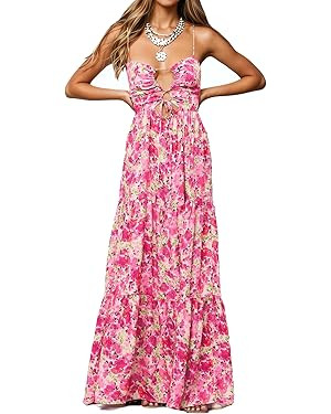 Womens Summer Floral Spaghetti Strap Backless Low Cut Smocked Milkmaid Flowy Beach Sundresses | Amazon (US)