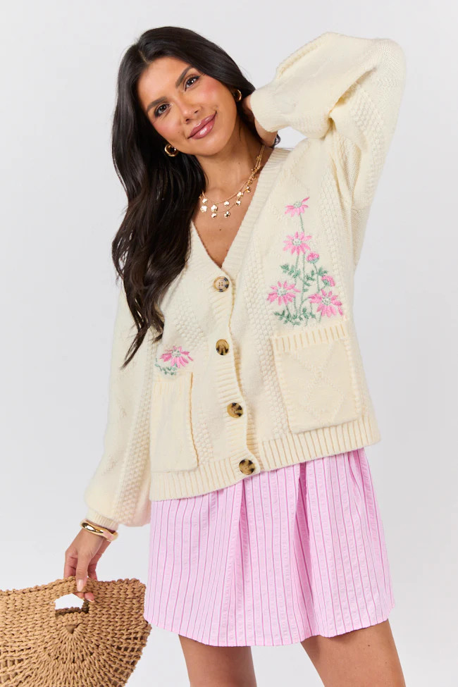 Up To Fate Cream and Pink Multi Floral Embroidered Cardigan | Pink Lily