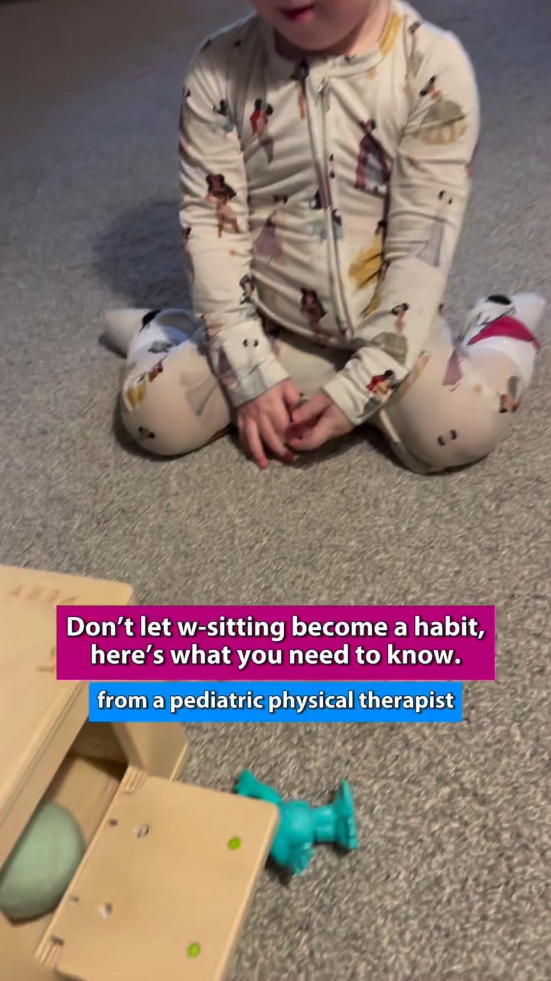 W sitting isn’t automatically “bad” … but if it’s your child’s favorite and only way to sit, it’s worth paying attention.

W sitting creates a very wide base of support, which means your kiddo doesn’t have to use their core muscles as much to stay upright. Over time, that can limit core strength and postural control.

In some kids, prolonged W sitting can also contribute to hip or knee discomfort as they grow due to the rotational forces at the joints.

Sometimes W sitting can be a sign of hypermobility, but not always. More often, it just means we need to build strength and body awareness in different positions.

Here’s what you can do instead:
• Cue legs out in front (long sitting)
• Practice dynamic sitting balance on a swing, laundry basket, or box
• Push a weighted laundry basket or box
• Knee walking
• Crawling

Stronger core = better balance, better transitions, and better overall motor development.

Save this for later and follow for more pediatric physical therapy tips to support your toddler’s development 🤍

#babymilestones #toddlermilestones #babydevelopment #toddlerdevelopment #pediatricphysicaltherapy