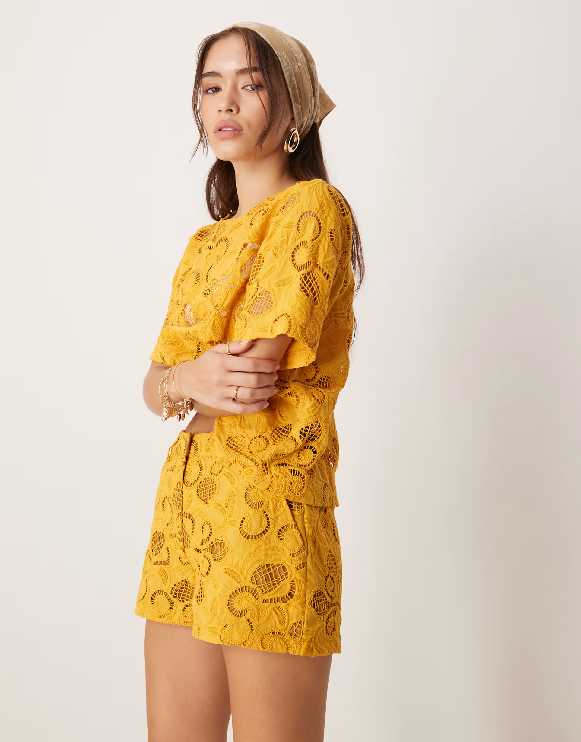 ASOS DESIGN micro shorts in floral cutwork in ocher - part of a set | ASOS | ASOS (Global)