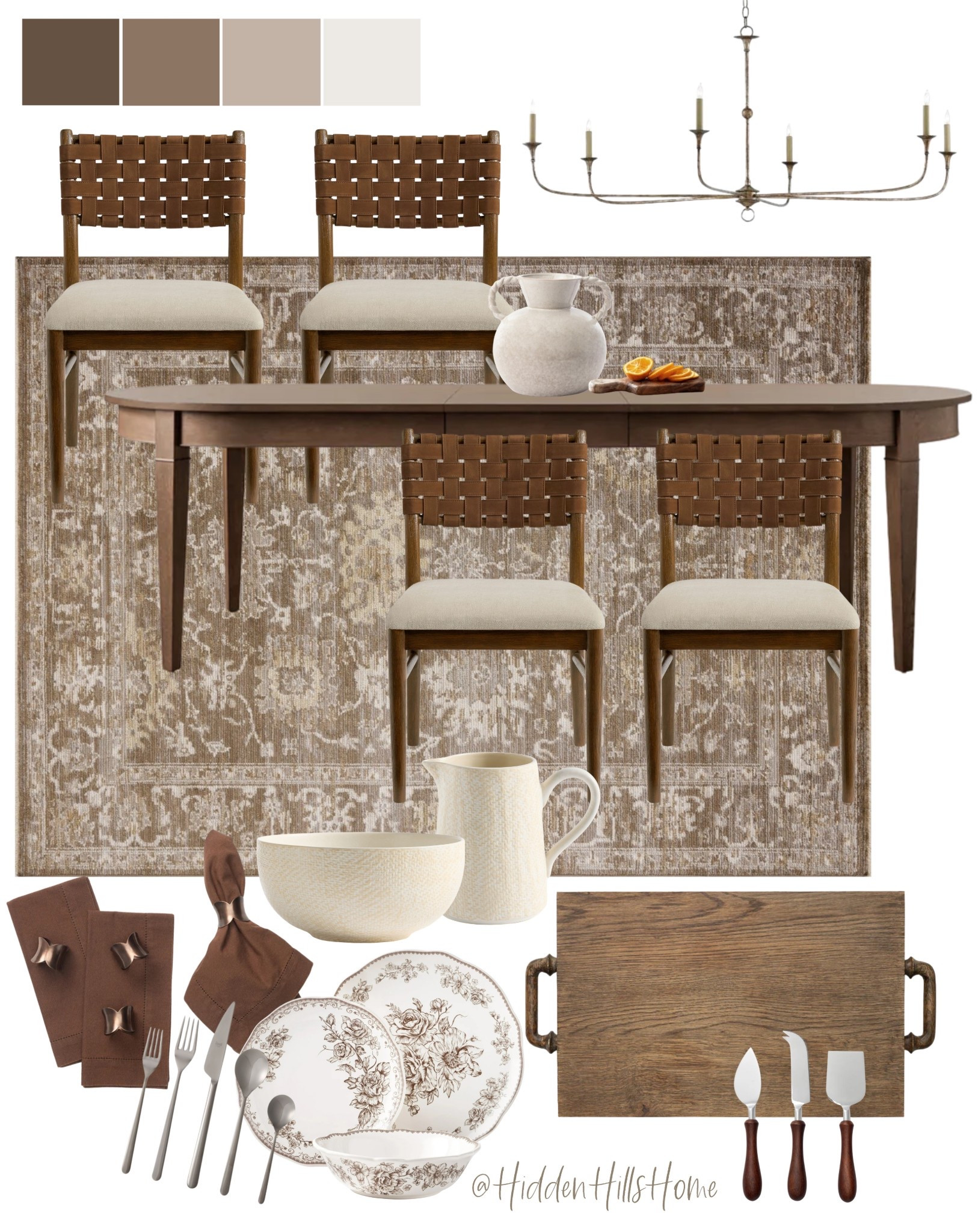 Dining room decor mood board, dining table, dining room chairs, home decor ideas, dining room rug, dining plates, napkins #diningroom 

#LTKFindsUnder100 #LTKHome #LTKSaleAlert