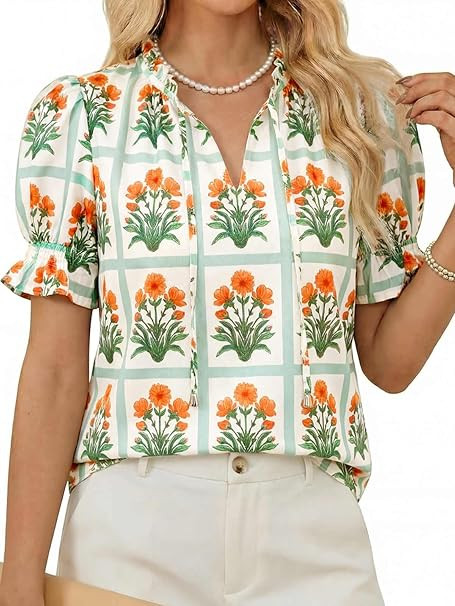 Amazon.com: Tankaneo Womens Summer Floral Ruffle V Neck Blouses Dressy Casual Puff Short Sleeve L... | Amazon (US)
