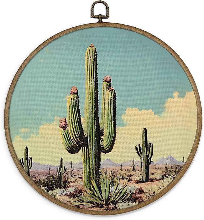 Gnmduw Vintage Cactus Wall Art Framed, Western Desert Round Hanging Wall Decor, Wild West Cactus ... | Amazon (US)