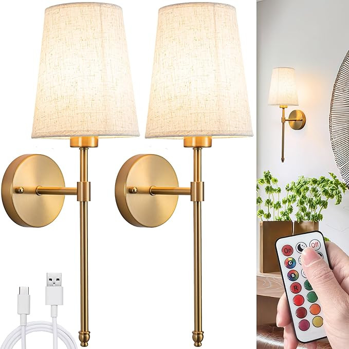 Battery Operated Wall Sconces Set of Two, Wireless Wall Sconce with Remote Control, Indoor Dimmab... | Amazon (US)