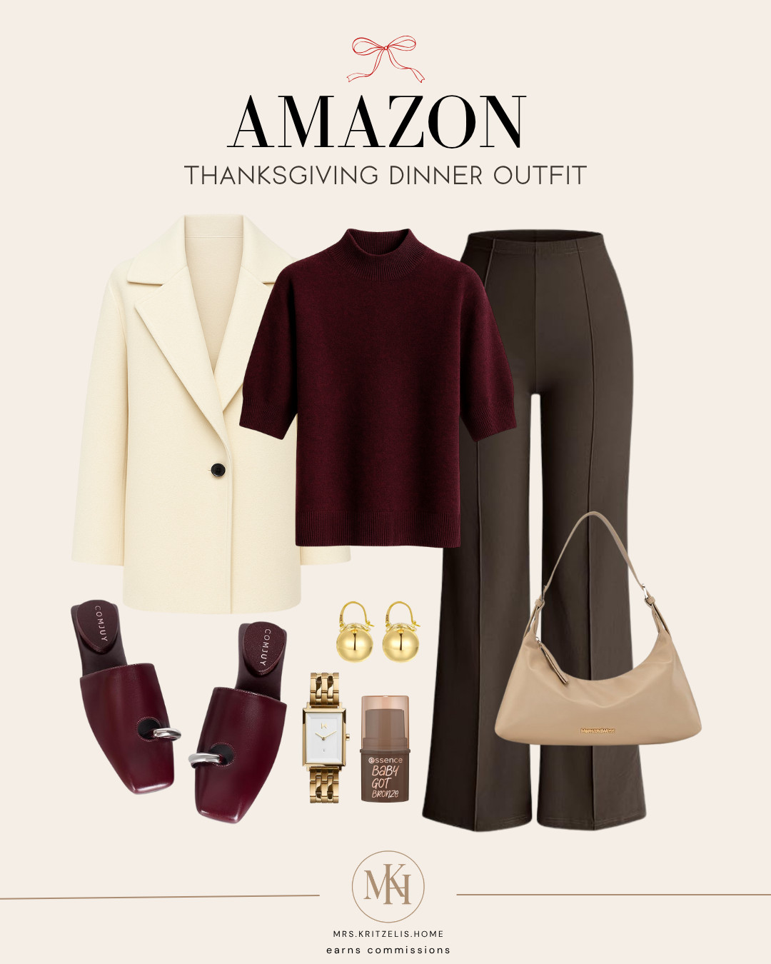 Thanksgiving dinner outfit inspo 🤎 // Amazon, Amazon Finds, Amazon Outfits, Amazon Fashion, Thanksgiving, Thanksgiving Outfit, Thanksgiving Outfits, Amazon Dinner Outfits, Dinner Outfit, Dinner Date Outfits, Amazon Fall Outfits, Amazon Fall Fashion, Amazon Fall Finds, Amazon Wool Coat, Amazon Trouser Pants, Straight Leg Trousers, Amazon Short Sleeve Sweater, Amazon Sandals Women, Mule Sandals, Amazon Shoulder Bag, Amazon Handbag, Amazon Accessories, Amazon Jewelry, Amazon Earrings, Amazon Watch, Watches Women, Bronzer Stick 

 #LTKHoliday #LTKStyleTip #LTKShoeCrush