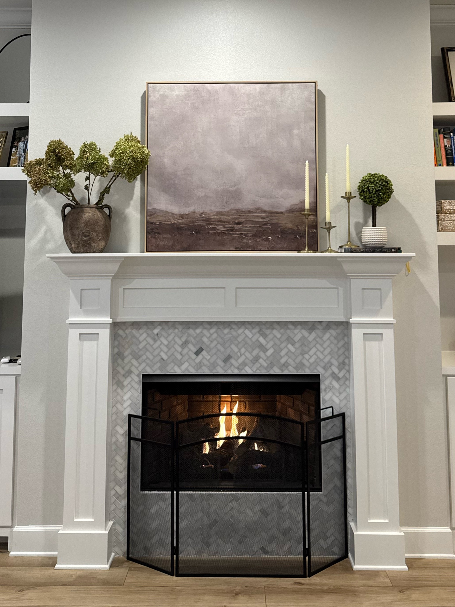 Home decor / neutral / cozy decor / dried hydrangeas / fireplace decor 