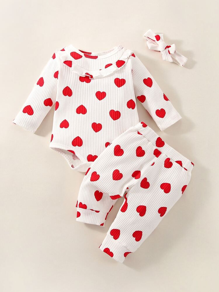 Newborn Baby Heart Print Bodysuit & Pants & Headband | SHEIN