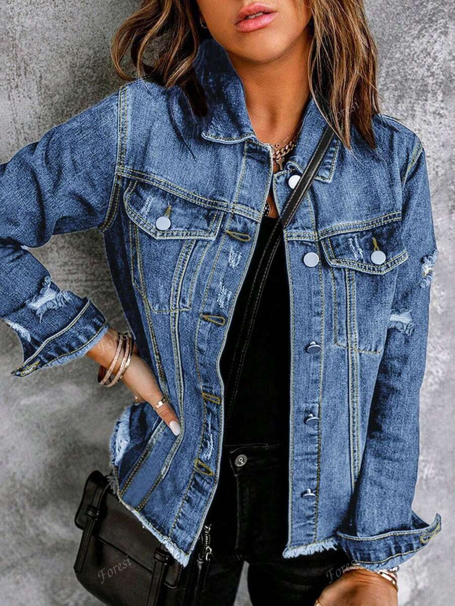 Women's Solid Color Distressed Fringe Denim Jacket | SHEIN