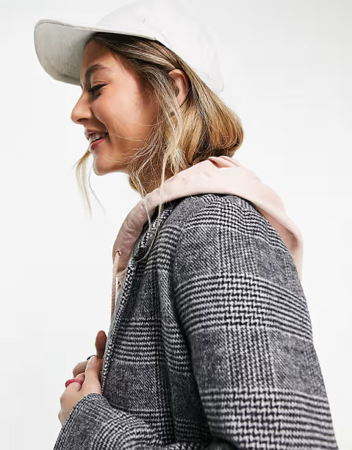 Monki check double breasted tailored coat in grey | ASOS (Global)