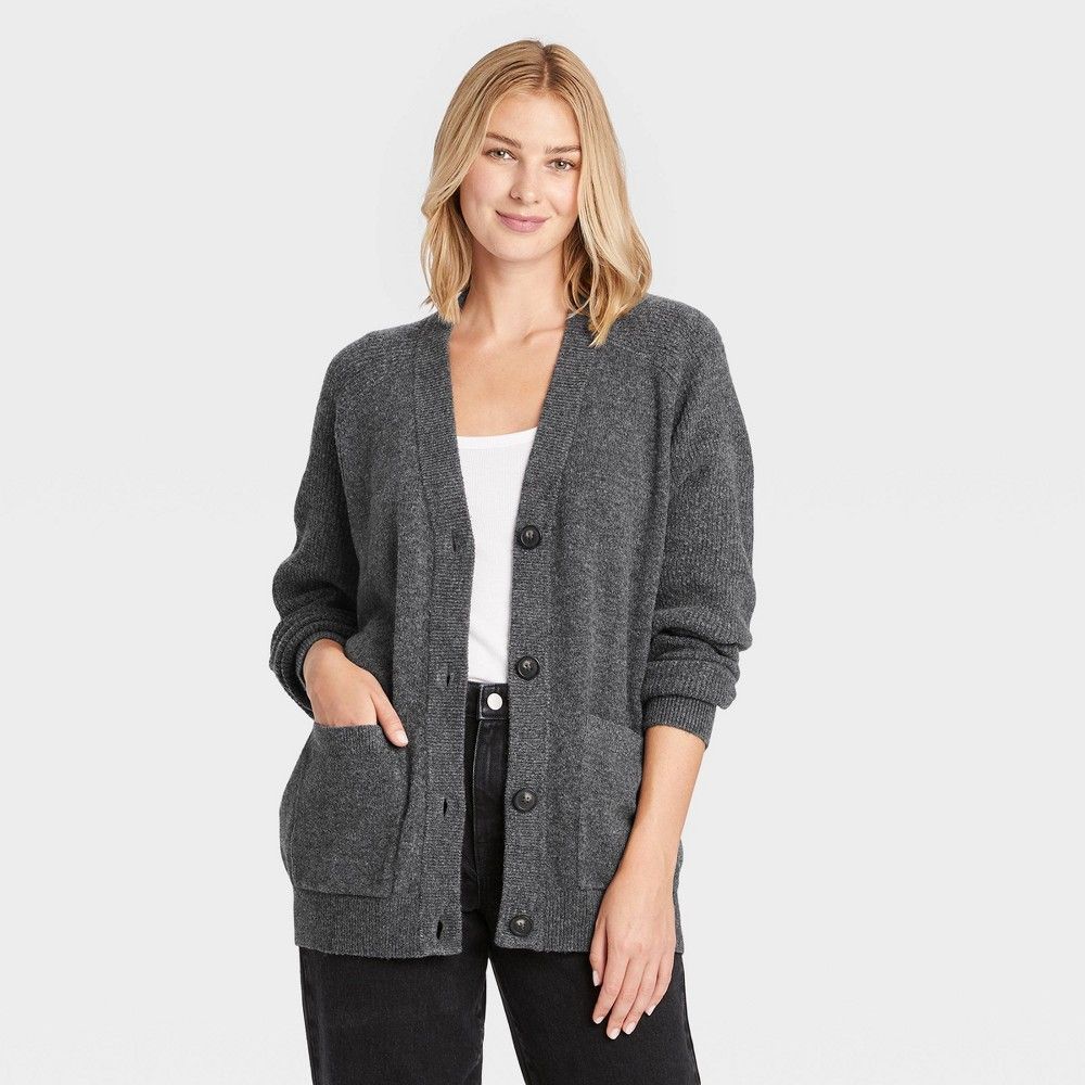 Women's Button-Front Cardigan - A New Day Charcoal Heather M, Dark Gray | Target