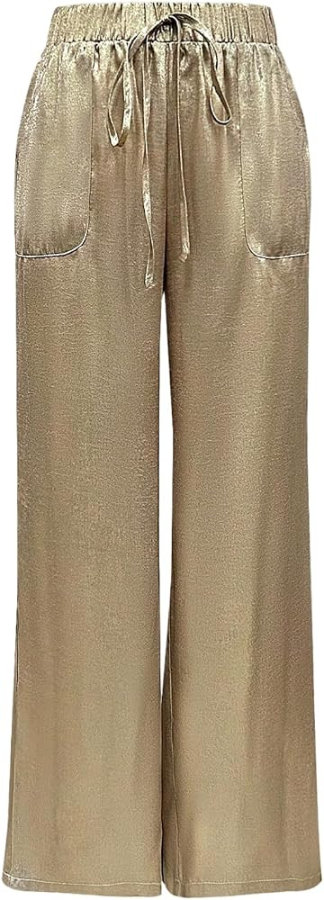 Floerns Women's Low Rise Wide Leg Pants Elastic Waist Drawstring Trousers with Pockets | Amazon (US)
