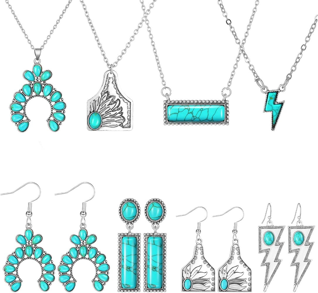 Nosiny 8 Pcs Western Necklaces Earrings Set Turquoise Necklaces Cow Tag Horseshoe Necklace Boho W... | Amazon (US)