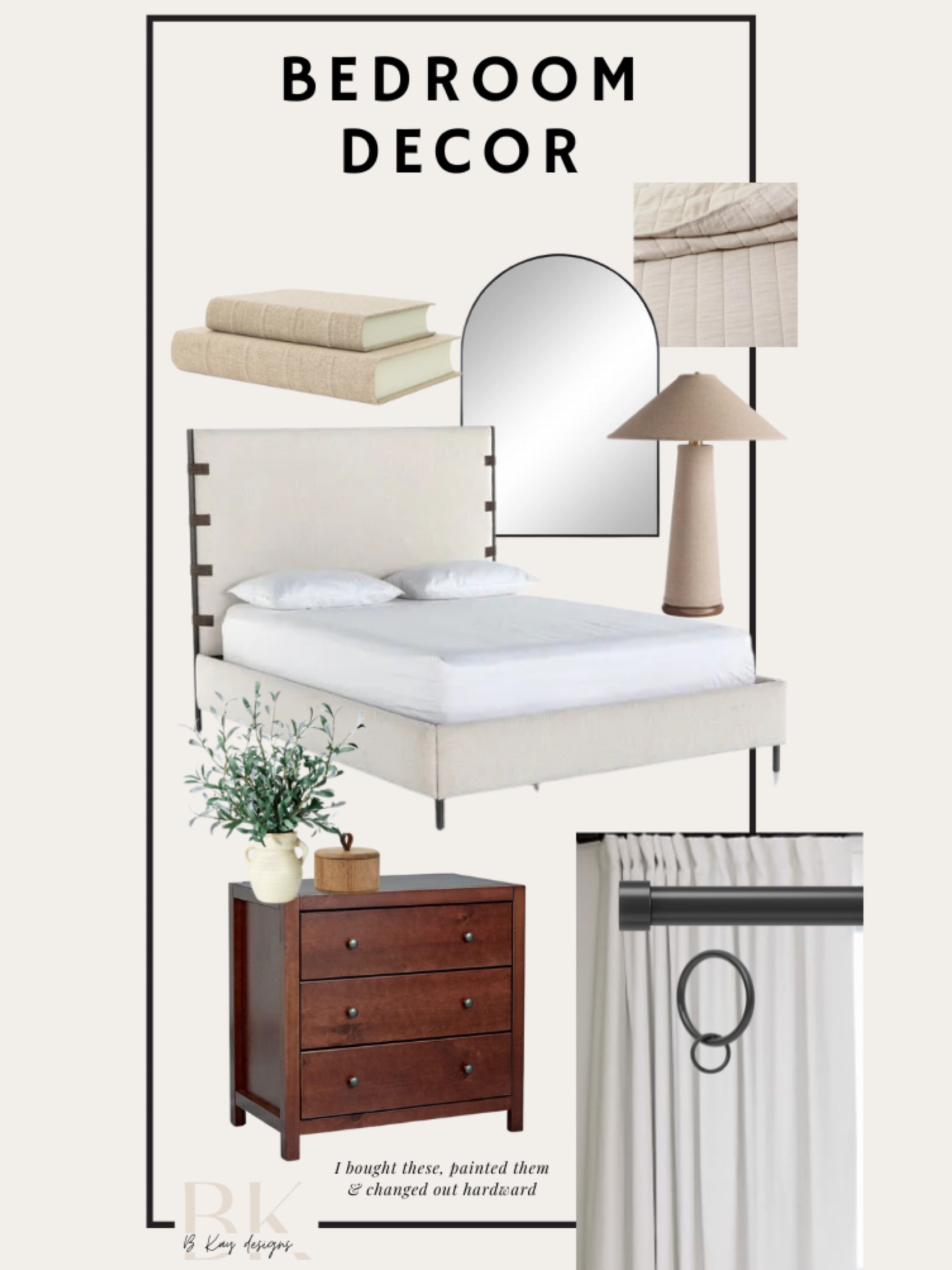 Linked most of my current bedroom decor! 

Master bedroom 
Neutral bedroom 
Neutral bedding 
Upholstered bed
Large nightstands 
Nightstand lamps
Bedroom decor 
Arched mirror 
Nightstand mirror 
Curtain Rod 
Curtain hardware 
Drapery rings 
Blackout curtains 

#LTKhome #LTKfamily #LTKstyletip