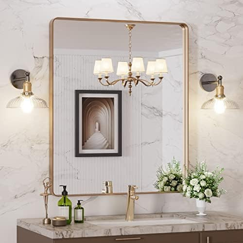 LOAAO 30”X36” Gold Bathroom Mirror, Rounded Rectangle Gold Frame Mirror, Brushed Gold Bathroo... | Amazon (US)