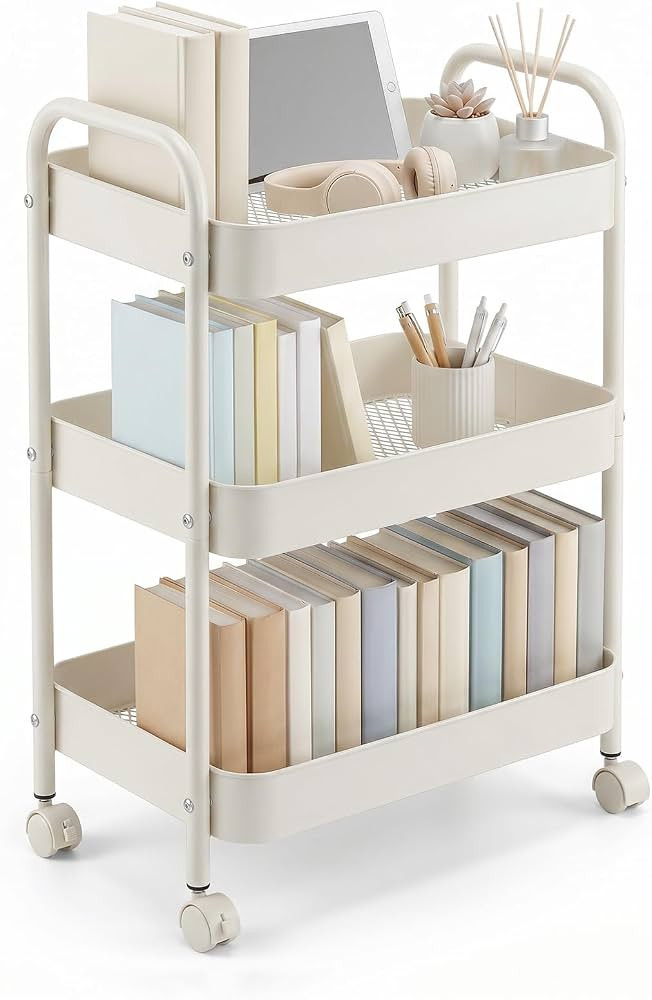 3-Tier Carbon Steel Rolling Cart for Dorm - White Utility Cart College Essentials with 360\u00b0 ... | Amazon (US)