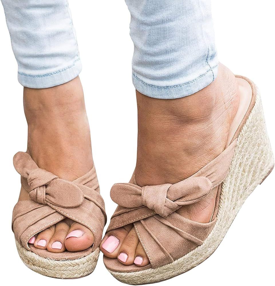 Womens Espadrilles Slip on Wedge Sandals Slides Bow Tie Platform Open Toe Summer Mules Shoes | Amazon (US)