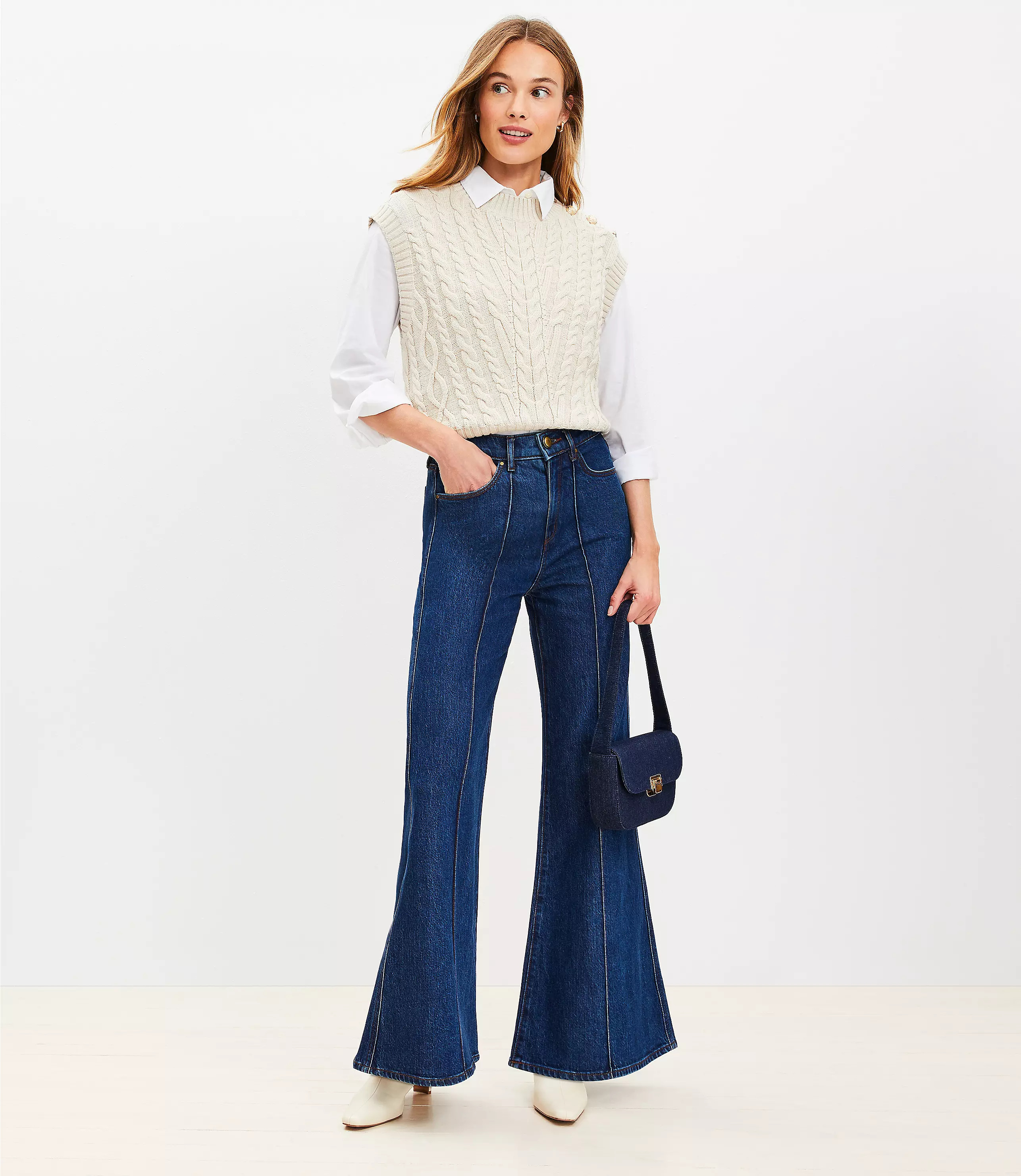Petite High Rise Super Flare Jeans in Refined Mid Indigo Wash | LOFT
