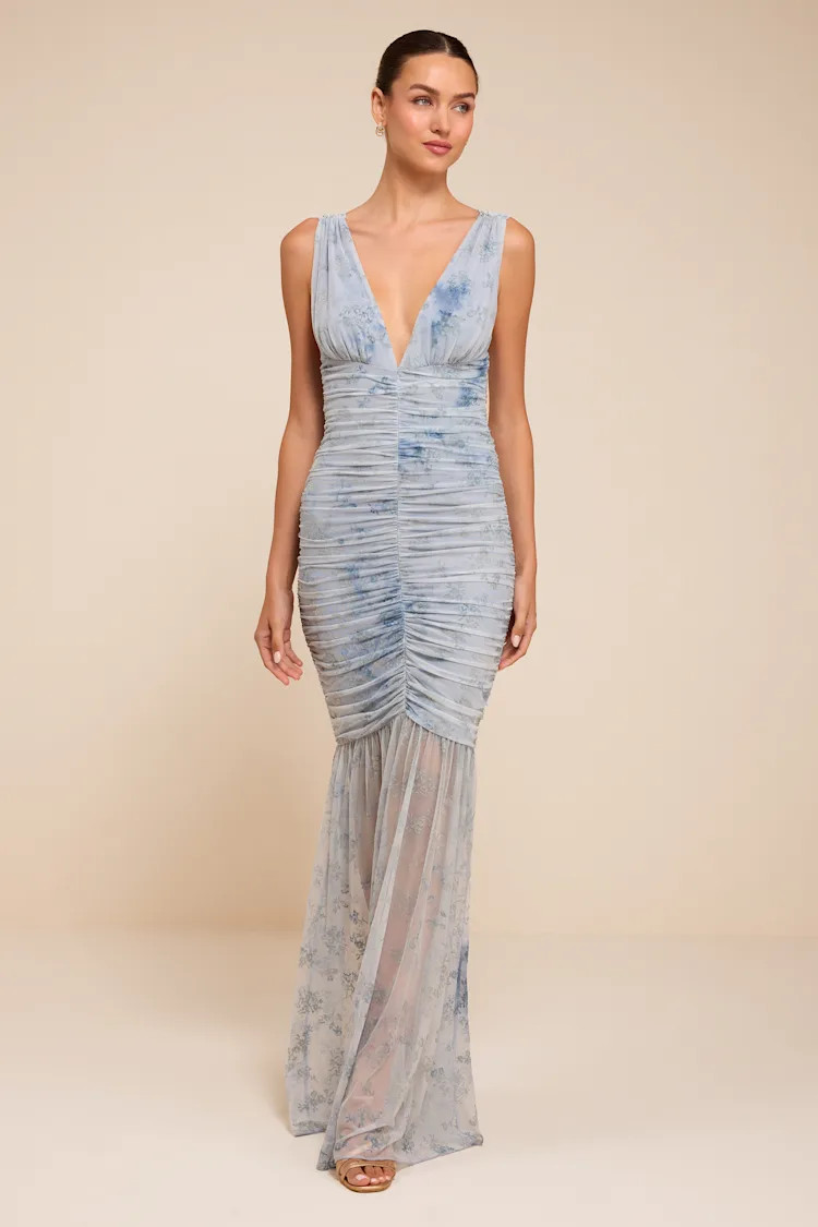 Jamie Light Blue Floral Mesh Sheer Hem Maxi Dress | Lulus