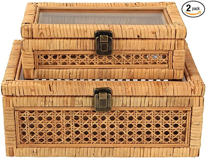 HUAXIN CRAFT H Rattan Box with Lids, Rectangular Woven Case with Glass for Display, Set of 2 Wick... | Amazon (US)