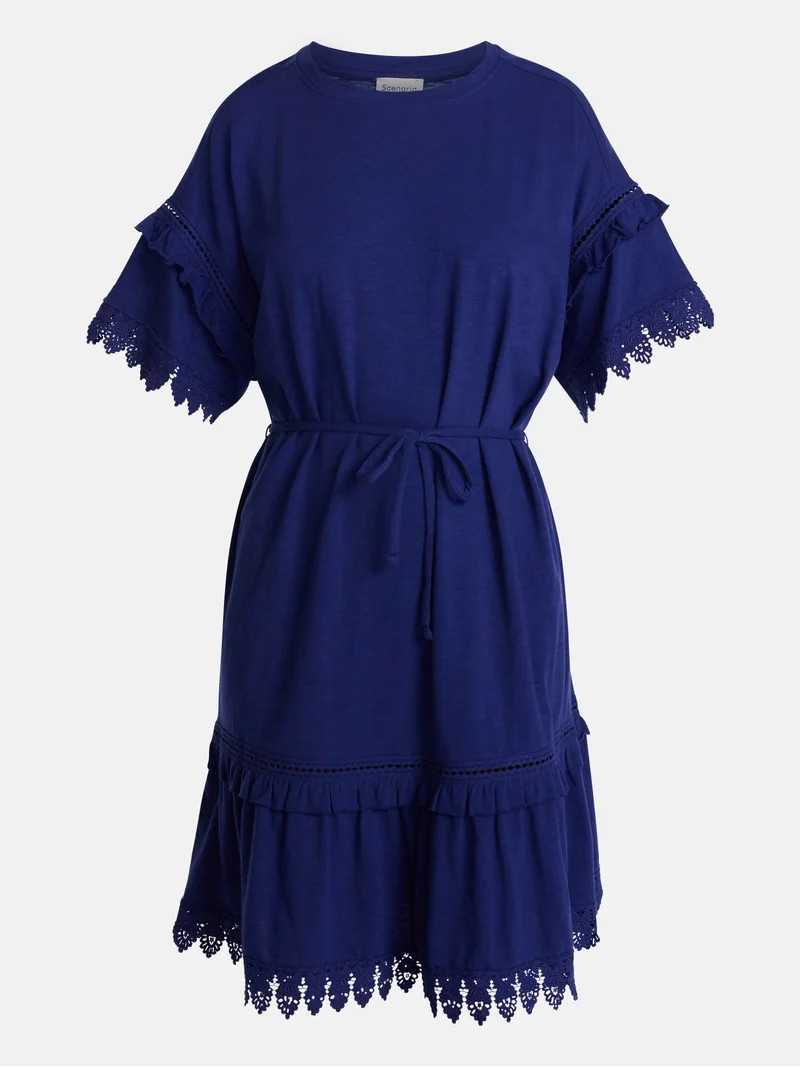 Scenario Women's Lace Trim Knit Dress with Short Sleeves, Sizes XS-XXXL | Walmart (US)