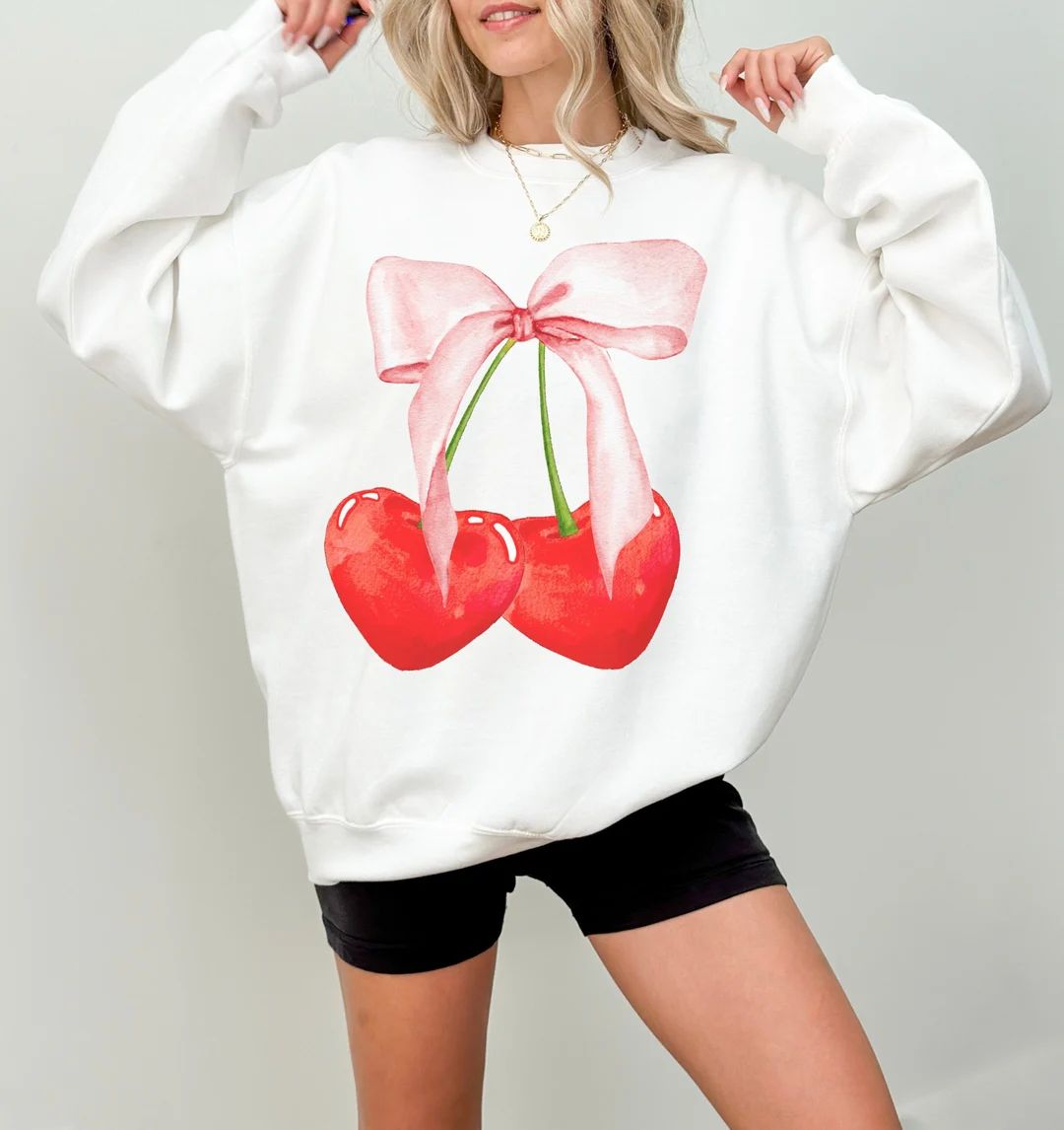 Cherry Bow Sweatshirt Trendy Crewneck Cottagecore Graphic Sweatshirt for Women Oversized Cherry P... | Etsy (US)