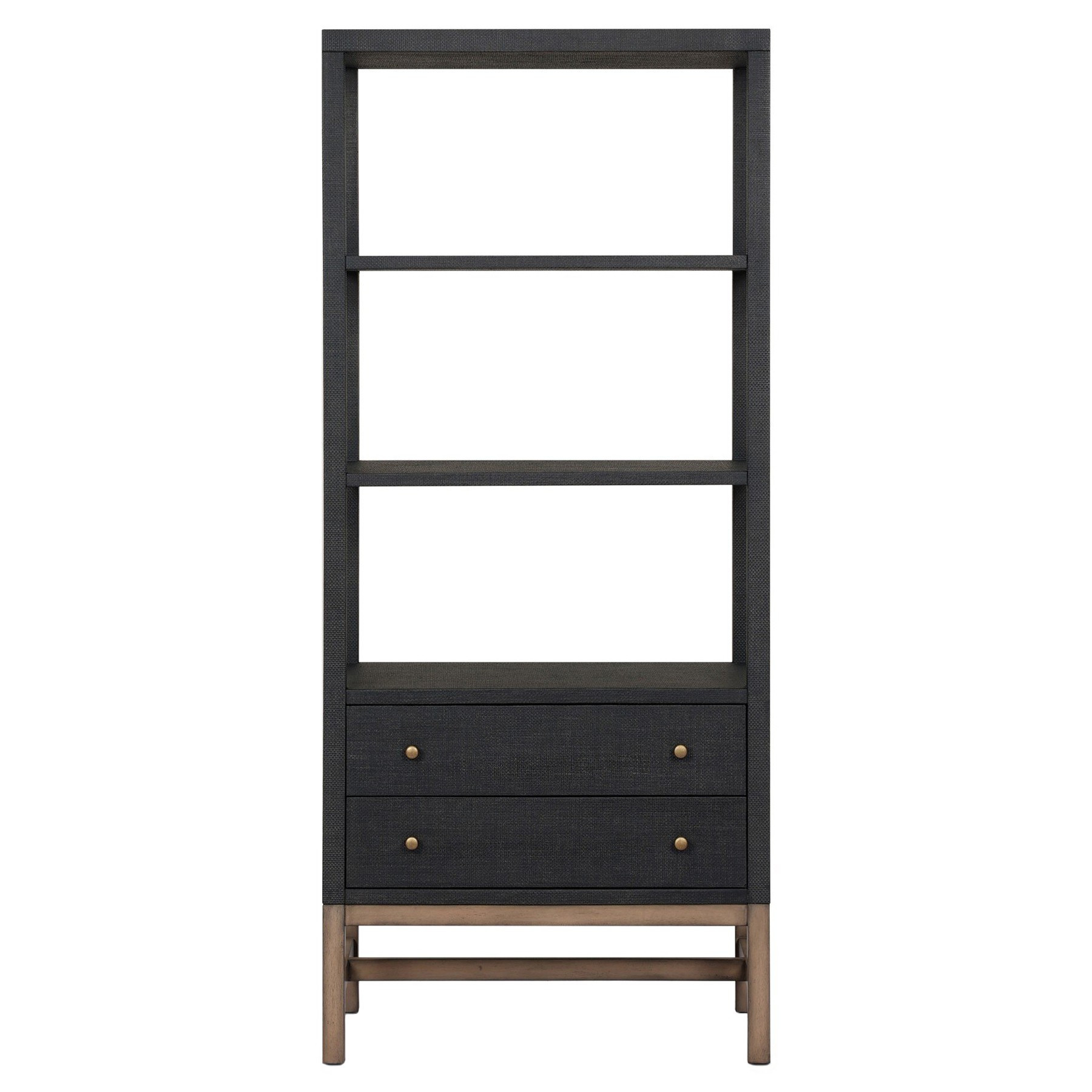 Philip Modern Classic Black Raffia Brown Mahogany Bookcase | Kathy Kuo Home