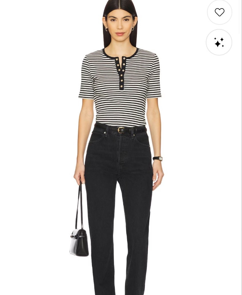 Anine bing black and white stripped short sleeved Henley tshirt with gold buttons on major sale. Use code candy for more off 

#LTKgrwm #LTKSaleAlert #LTKootd