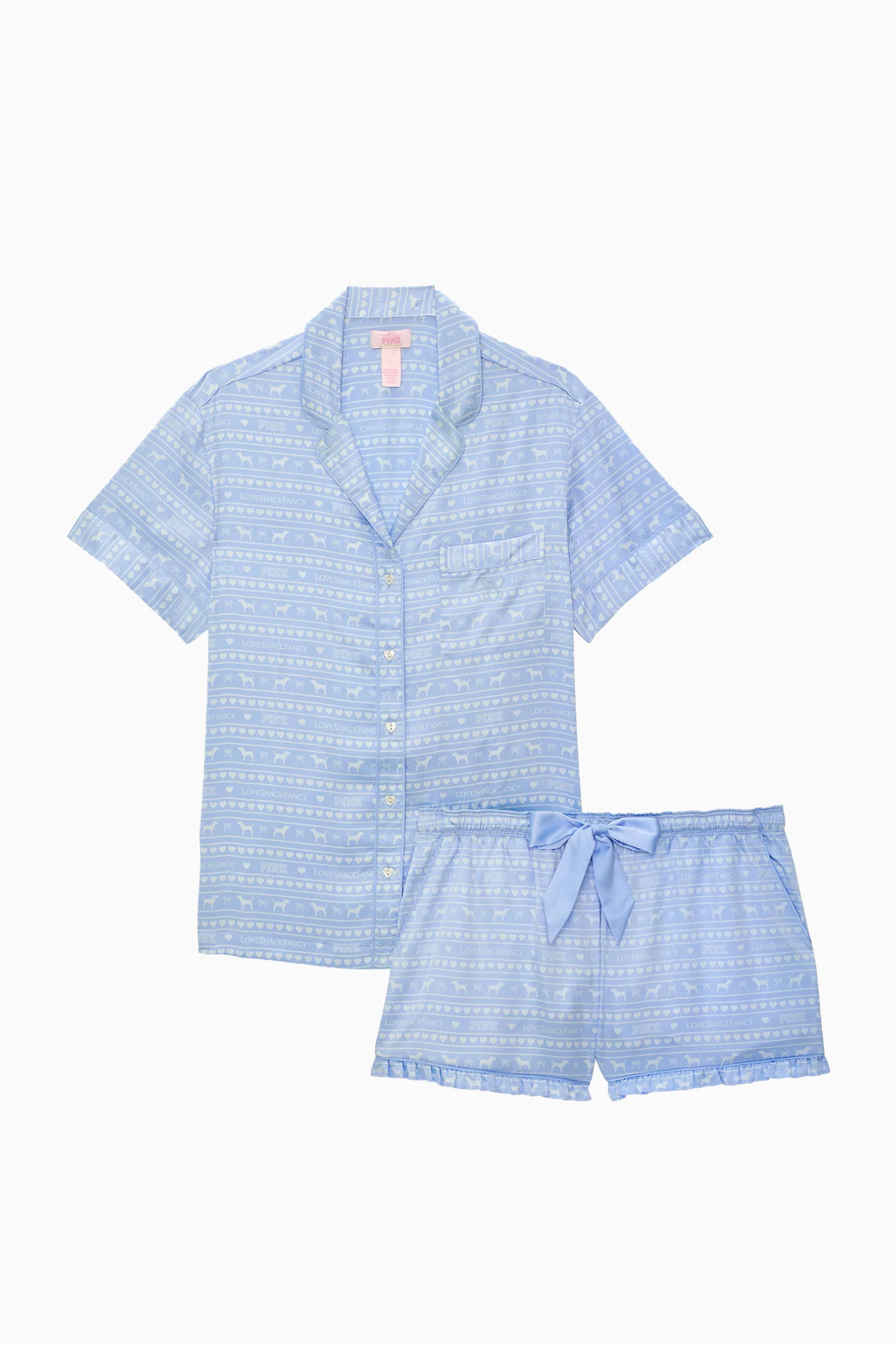PINK x LoveShackFancy Satin PJ Short Sleeve And Boxer Set - WINDSURFER BLUE LOGO / L | LoveShackFancy