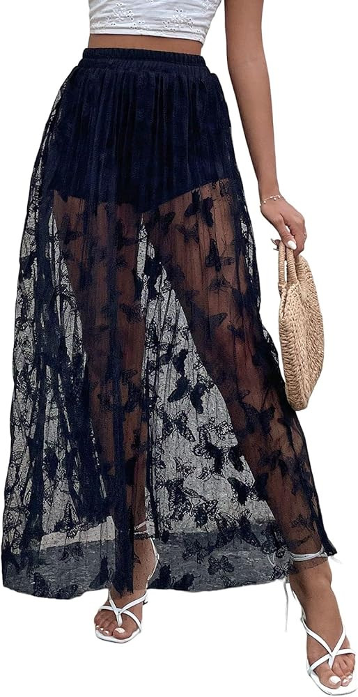 Floerns Women's 2 in 1 Sheer Mesh High Waist Butterfly Lace Pleated Maxi Skirt | Amazon (US)