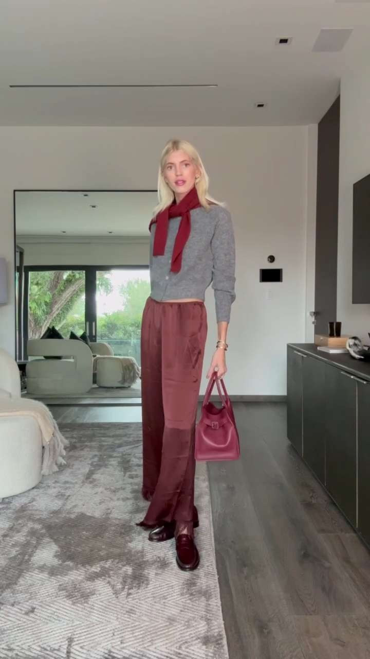 These silk fringe pants are so chic! Paired it with this luxurious grey cardigan 🤍🍂 It is SO soft! Love the mix of these colors. 

 #LTKSeasonal #LTKStyleTip #LTKShoeCrush