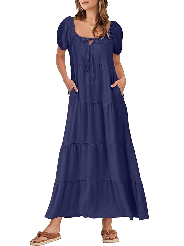 ANRABESS Women's Boho Maxi Dresses 2025 Summer Casual Floral Puff Short Sleeve Tie Front Flowy Sw... | Amazon (US)