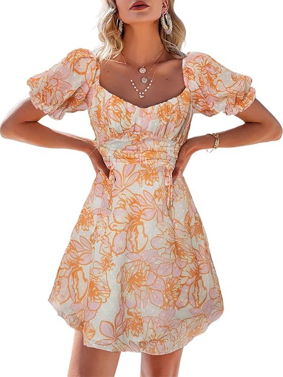 GRACEVINES Women’s Square Neck Ruffle Floral Print Mini Dress High Waist Smocked Summer Boho Sh... | Amazon (US)
