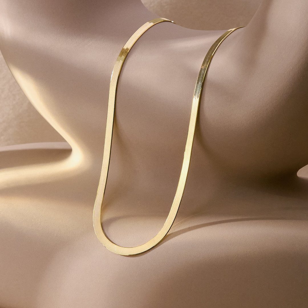 14K Solid Gold Herringbone Chain Necklace, Snake Chain Necklace, Snake Choker Chain Necklace, Eve... | Etsy (US)