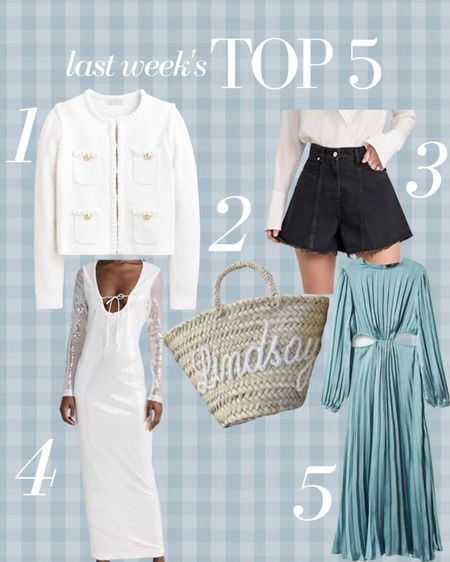 Last week’s Top 5 best sellers! The J. Crew Odette sweater is a must have in white - I’ve already worn so many times. The under $10 straw baskets you need for teacher gifts, flattering black denim shorts, an under $100 dress perfect for a Taylor Swift concert or a bridal event and a beautiful, affordable wedding guest dress!

#LTKGiftGuide #LTKwedding #LTKunder100