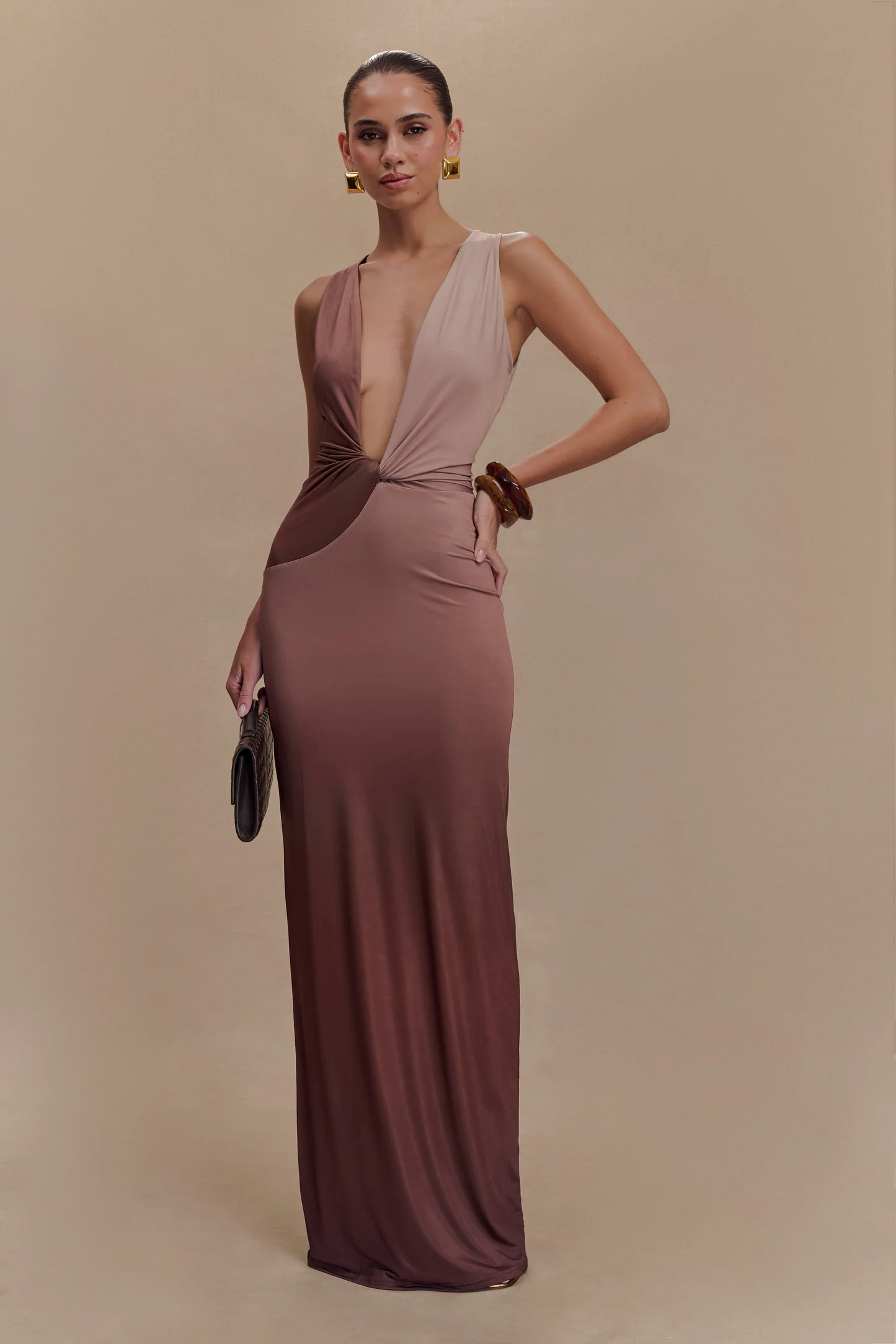 Stella Draped Slinky Maxi Dress - Mocha Ombre | MESHKI US