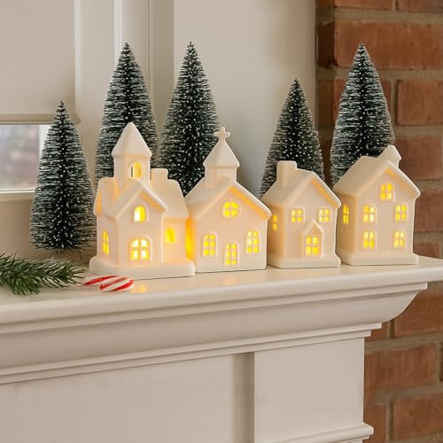 9 Pcs Christmas Village Figurines Sets - 4 Lighted Ceramic Houses with Remote Control & 5 Trees - Christmas Decorations Indoor - White Xmas Holiday Farmhouse Rustic Decor for Home Table Room | Amazon (US)