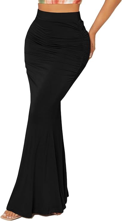 Verdusa Women's Casual Ruched High Waisted Fishtail Bodycon Long Maxi Skirt | Amazon (US)